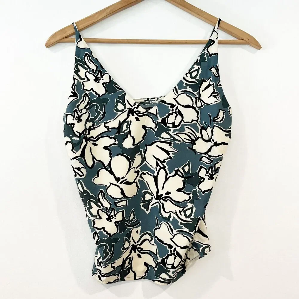 Banana Republic Factory Blue Floral Silky Tank Cami XSP V-Neck Summer